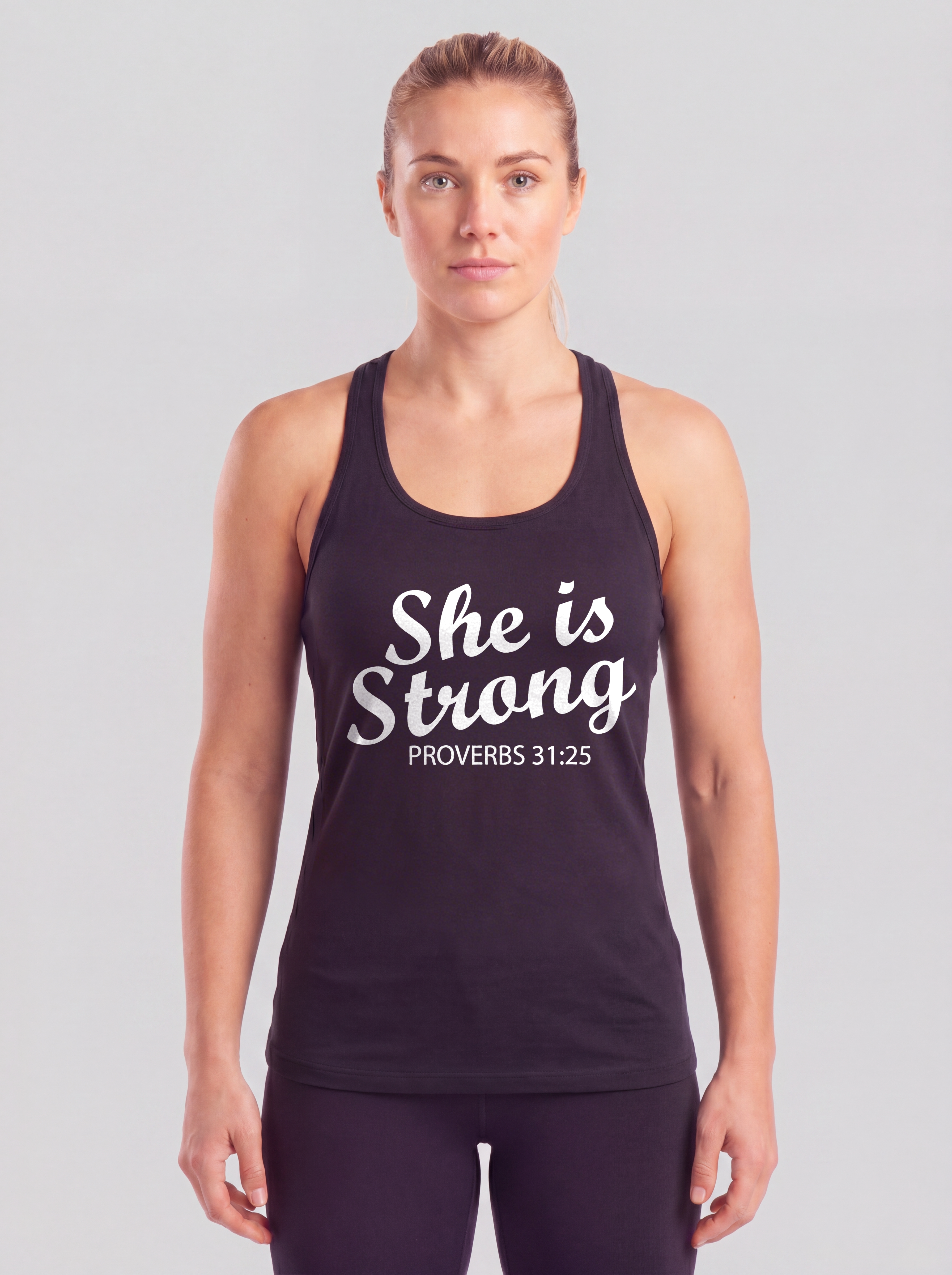 She Is Strong Proverbs 31:25 Printed Racerback Tank Tops